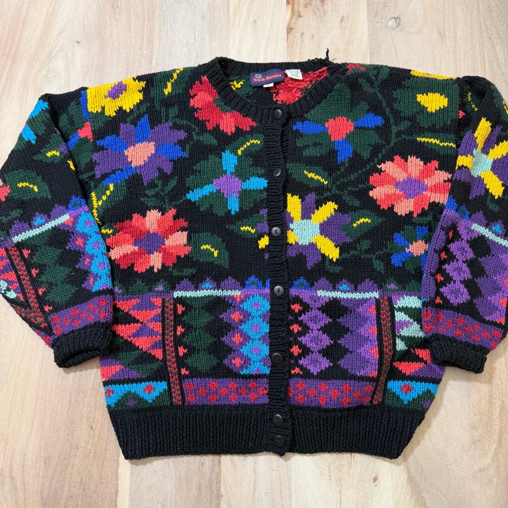 Vintage Smith-Forester Knot Crochet Floral Sweater Grandmacore 90s Size Small